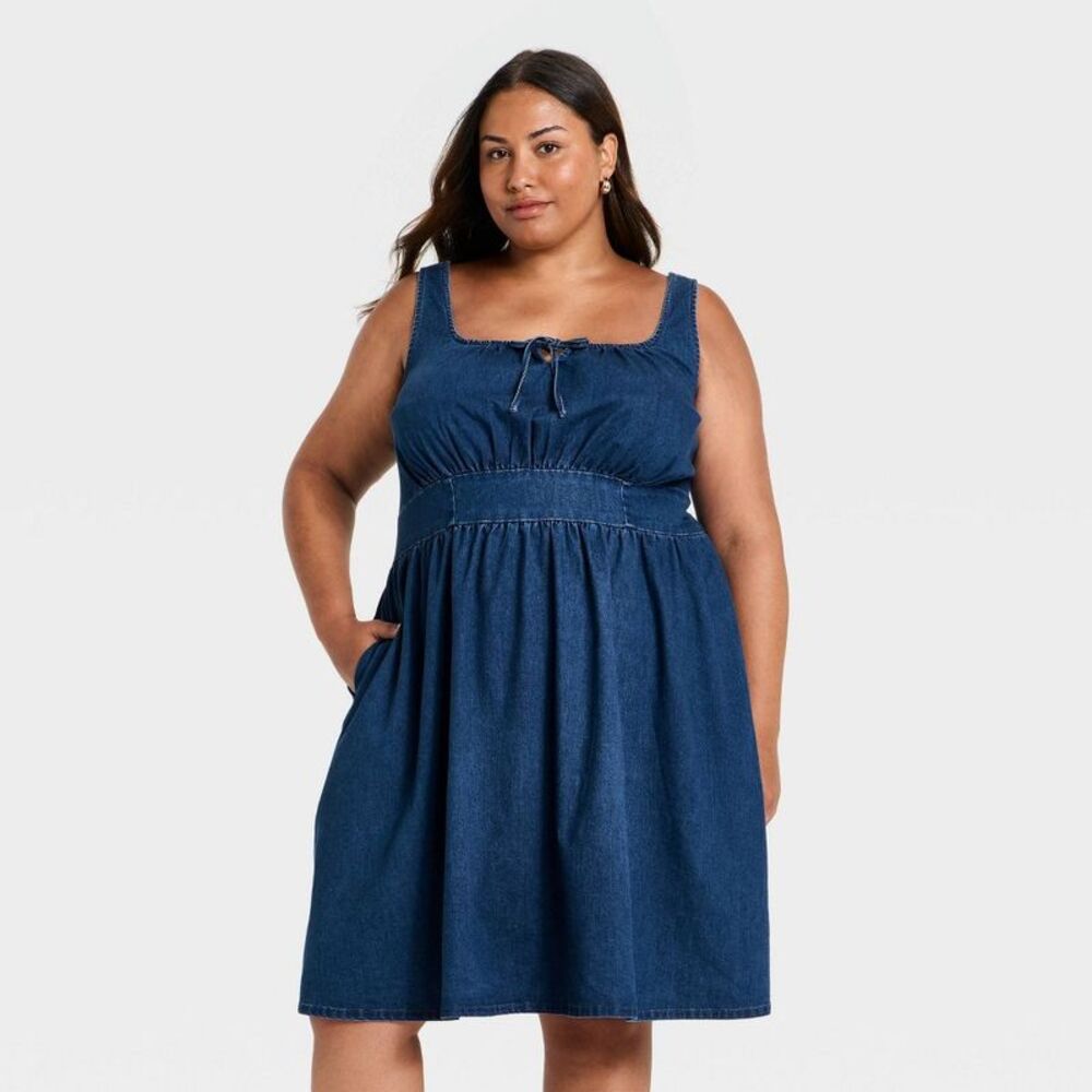 Ava & Viv - Women's Plus Denim Midi A-Line Dress - Ava & Viv M Blue
